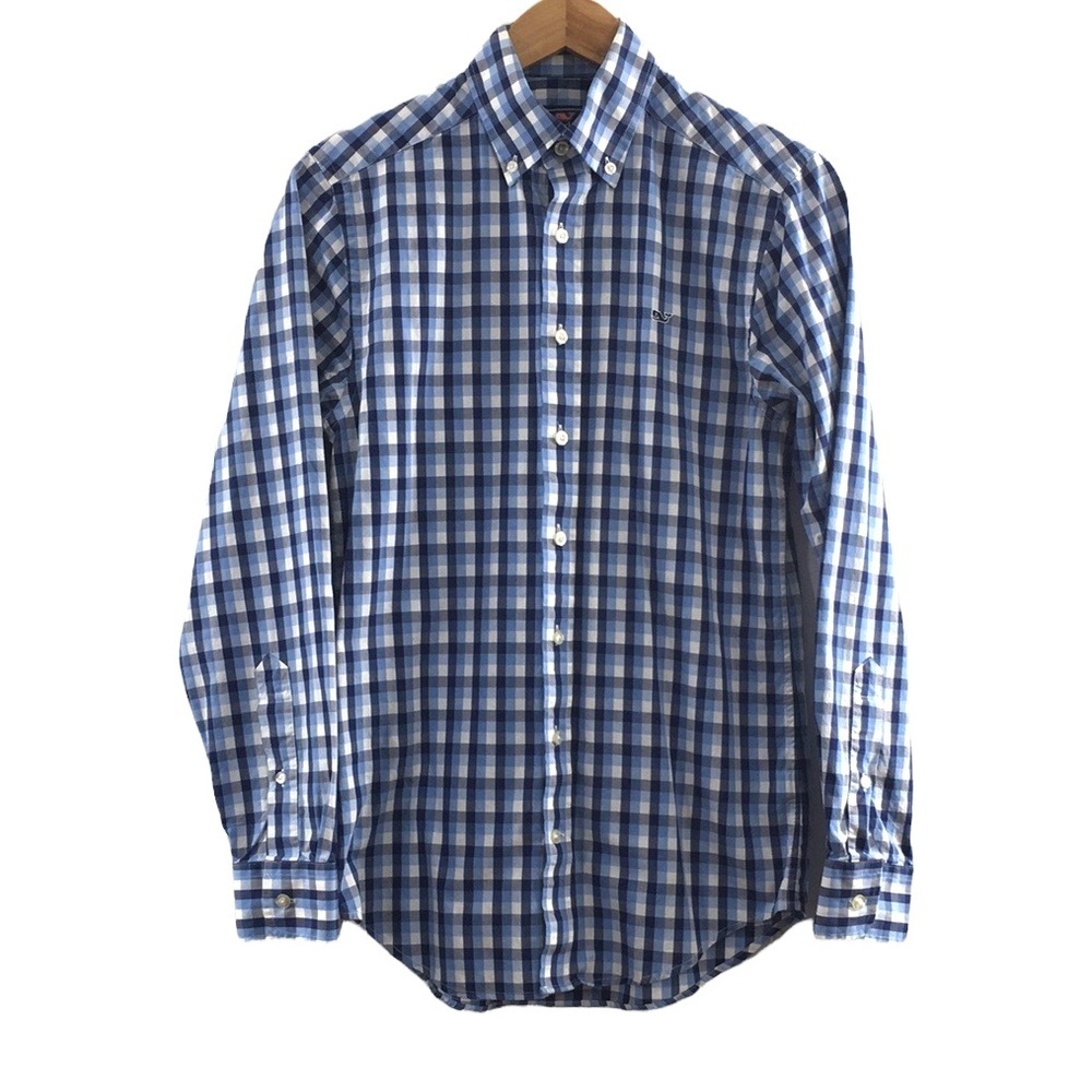 3/$20‎ Vineyard Vines Blue White Plaid Slim Fit Whale Shirt Mens XS Cotton Butto